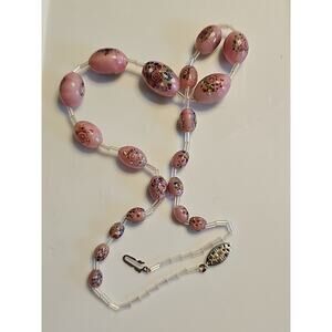 Vintage Murano Style Pink Glass Bead Necklace Floral Lampwork Design Barrel